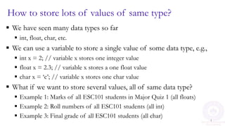 How to store lots of values of same type?
 We have seen many data types so far
 int, float, char, etc.
 We can use a variable to store a single value of some data type, e.g.,
 int x = 2; // variable x stores one integer value
 float x = 2.3; // variable x stores a one float value
 char x = ‘c’; // variable x stores one char value
 What if we want to store several values, all of same data type?
 Example 1: Marks of all ESC101 students in Major Quiz 1 (all floats)
 Example 2: Roll numbers of all ESC101 students (all int)
 Example 3: Final grade of all ESC101 students (all char)
1
 