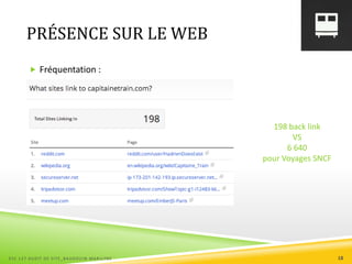 PRÉSENCE SUR LE WEB
 Fréquentation :
198 back link
VS
6 640
pour Voyages SNCF
ESC 127 AUDIT DE SITE_BAUDOUIN MARILYNE 18
 