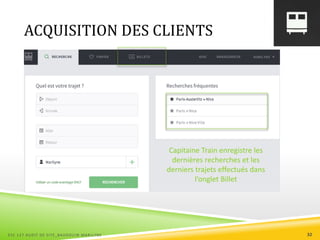 ACQUISITION DES CLIENTS
Capitaine Train enregistre les
dernières recherches et les
derniers trajets effectués dans
l’onglet Billet
ESC 127 AUDIT DE SITE_BAUDOUIN MARILYNE 32
 