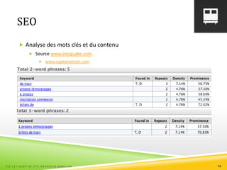 SEO
 Analyse des mots clés et du contenu
 Source www.seoquake.com
 www.capitainetrain.com
ESC 127 AUDIT DE SITE_BAUDOUIN MARILYNE 42
 