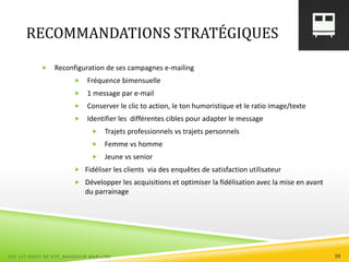RECOMMANDATIONS STRATÉGIQUES
 Reconfiguration de ses campagnes e-mailing
 Fréquence bimensuelle
 1 message par e-mail
 Conserver le clic to action, le ton humoristique et le ratio image/texte
 Identifier les différentes cibles pour adapter le message
 Trajets professionnels vs trajets personnels
 Femme vs homme
 Jeune vs senior
 Fidéliser les clients via des enquêtes de satisfaction utilisateur
 Développer les acquisitions et optimiser la fidélisation avec la mise en avant
du parrainage
ESC 127 AUDIT DE SITE_BAUDOUIN MARILYNE 59
 