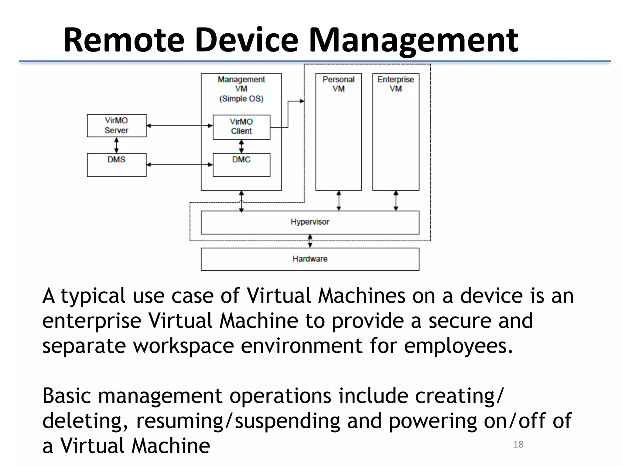 Remote 
Device 
Management 
A typical use case of Virtual Machines on a device is an 
enterprise Virtual Machine to provide a secure and 
separate workspace environment for employees. 
! 
Basic management operations include creating/ 
deleting, resuming/suspending and powering on/off of 
a Virtual Machine 
18 
 