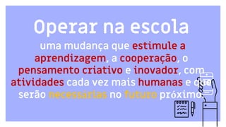 Operar na escola
uma mudança que estimule a
aprendizagem, a cooperação, o
pensamento criativo e inovador, com
atividades cada vez mais humanas e que
serão necessárias no futuro próximo.
 
