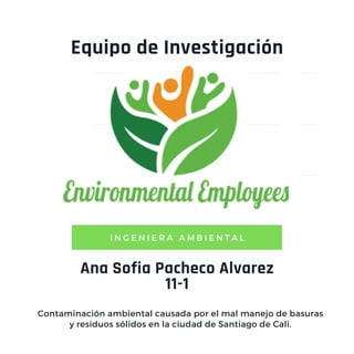 Ana Sofia Pacheco Alvarez
11-1
I N G E N I E R A A M B I E N T A L
Equipo de Investigación
Contaminación ambiental causada por el mal manejo de basuras
y residuos sólidos en la ciudad de Santiago de Cali.
 