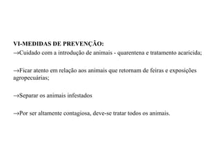 VI-MEDIDAS DE PREVENÇÃO:
→Cuidado com a introdução de animais - quarentena e tratamento acaricida;

→Ficar atento em relação aos animais que retornam de feiras e exposições
agropecuárias;

→Separar os animais infestados

→Por ser altamente contagiosa, deve-se tratar todos os animais.
 