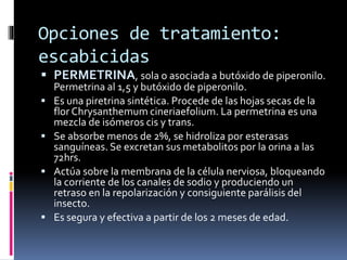 Opciones de tratamiento:
escabicidas
 PERMETRINA, sola o asociada a butóxido de piperonilo.
Permetrina al 1,5 y butóxido de piperonilo.
 Es una piretrina sintética. Procede de las hojas secas de la
flor Chrysanthemum cineriaefolium. La permetrina es una
mezcla de isómeros cis y trans.
 Se absorbe menos de 2%, se hidroliza por esterasas
sanguíneas. Se excretan sus metabolitos por la orina a las
72hrs.
 Actúa sobre la membrana de la célula nerviosa, bloqueando
la corriente de los canales de sodio y produciendo un
retraso en la repolarización y consiguiente parálisis del
insecto.
 Es segura y efectiva a partir de los 2 meses de edad.
 