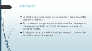 Definición
 La escabiosis o sarna es una infestación por el ácaro Sarcoptes
scabiei var. hominis.
 Se trata de una ectoparasitosis relativamente frecuente que se
contagia por contacto directo de piel con piel y, a veces, a
través de fómites.
 En algunos casos se puede adquirir por contacto con animales
infestados, sobre todo perros.
 