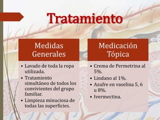 Medidas
Generales
• Lavado de toda la ropa
utilizada.
• Tratamiento
simultáneo de todos los
convivientes del grupo
familiar.
• Limpieza minuciosa de
todas las superficies.
Medicación
Tópica
• Crema de Permetrina al
5%.
• Lindano al 1%.
• Azufre en vaselina 5, 6
u 8%.
• Ivermectina.
Tratamiento
 