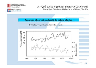 2.- Què passa i què pot passar a Catalunya?
                                                     Estratègia Catalana d’Adaptació al Canvi Climàtic




                          Fenomen observat: reducció de cabals als rius

                                El Ter a Sau: Temperatura i coeficient d'escorrentiu
Temperatura aire (ºC)




                        9.5                                                               1
                         9
                        8.5                                                               0.8
                         8
                        7.5                                                               0.6




                                                                                                Coef. escorrentia
                         7
                                                                                          0.4
                        6.5
                         6                                                                0.2
                        5.5
                         5                                                                0
                         1960          1970          1980         1990          2000   2010


                                                                                                                    13
 