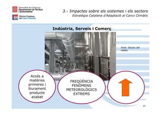 3.- Impactes sobre els sistemes i els sectors
                      Estratègia Catalana d’Adaptació al Canvi Climàtic



             Indústria, Serveis i Comerç



                                                     Font: Stocks del
                                                     Vallès




  Accés a
 matèries           FREQÜÈNCIA
primeres i           FENÒMENS
lliurament         METEOROLÒGICS
 producte             EXTREMS
   acabat

                                                                        21
 