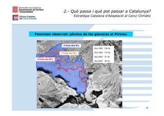 2.- Què passa i què pot passar a Catalunya?
                                    Estratègia Catalana d’Adaptació al Canvi Climàtic




Fenomen observat: pèrdua de les glaceres al Pirineu


                        A finals dels 50’s
                                                 Any 1982: 136 ha

                      A finals dels 90’s         Any 1993: 110 ha

                                                 Any 2002: 81 ha
 A finals dels 00’s
                                                 Any 2007: 64 ha




                                                                                 12
 