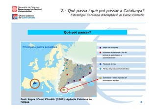 2.- Què passa i què pot passar a Catalunya?
                                       Estratègia Catalana d’Adaptació al Canvi Climàtic




                                  Què pot passar?



 Principals punts sensibles                                 Major risc d’aiguats

                                                            Increment de demanda i risc de
                                                            pèrdua de garanties en el
                                                            subministrament


                                                            Reducció de neu

                                                            Pèrdua de producció hidroelèctrica




                                                            Salinització i altres impactes en
                                                            ecosistemes aquàtics




Font: Aigua i Canvi Climàtic (2009), Agència Catalana de
l’Aigua                                                                                          15
 