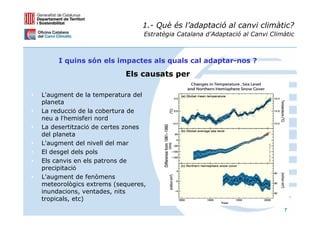 1.- Què és l’adaptació al canvi climàtic?
                                   Estratègia Catalana d’Adaptació al Canvi Climàtic



         I quins són els impactes als quals cal adaptar-nos ?
                             Els causats per

•   L'augment de la temperatura del
    planeta
•   La reducció de la cobertura de
    neu a l’hemisferi nord
•   La desertització de certes zones
    del planeta
•   L'augment del nivell del mar
•   El desgel dels pols
•   Els canvis en els patrons de
    precipitació
•   L'augment de fenòmens
    meteorològics extrems (sequeres,
    inundacions, ventades, nits
    tropicals, etc)
                                                                                7
 