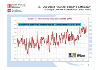 2.- Què passa i què pot passar a Catalunya?
                      Estratègia Catalana d’Adaptació al Canvi Climàtic




Fenomen observat: increment de la temperatura de l'aire




                                                                   9
 