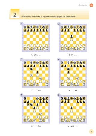 1 2
3 4
5 6
1
5
Anotación
4. Ad3 , ...8. ... , Tc8
3. ... , e63. ... , Ac5
2. c4 , ...1. Cf3 , ...
Indica amb una ﬂetxa la jugada anotada al peu de cada tauler.2
 