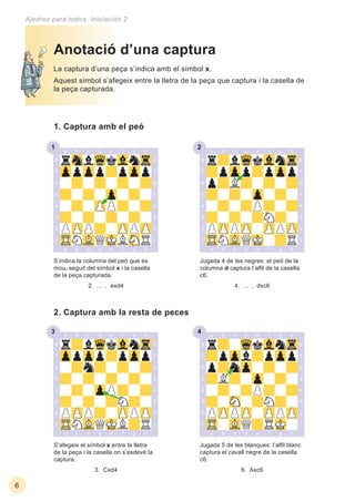 3 4
1 2
6
Ajedrez para todos. Iniciación 2
La captura d’una peça s’indica amb el símbol x.
Aquest símbol s’afegeix entre la lletra de la peça que captura i la casella de
la peça capturada.
S’afegeix el símbol x entre la lletra
de la peça i la casella on s’esdevé la
captura.
3. Cxd4
Anotació d’una captura
Jugada 5 de les blanques: l’alﬁl blanc
captura el cavall negre de la casella
c6.
6. Axc6
1. Captura amb el peó
S’indica la columna del peó que es
mou, seguit del símbol x i la casella
de la peça capturada.
2. ... , exd4
Jugada 4 de les negres: el peó de la
columna d captura l’alﬁl de la casella
c6.
4. ... , dxc6
2. Captura amb la resta de peces
 