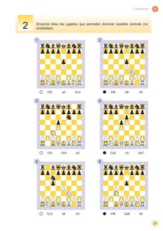 1 2
3 4
5 6
2
21
L’obertura
Encercla totes les jugades que permeten dominar caselles centrals (no
ampliades).
Cf3 Cc3a3 Cf6 h5d6
Cf3 e3Ch3
Cc3 b3d4 Cf6 h6Ca6
Cc6 Ad7c5
2
 
