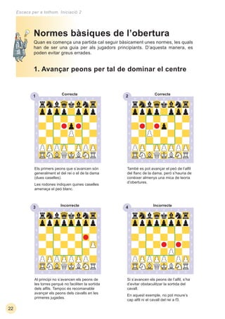231
33 34
22
Escacs per a tothom. Iniciació 2
Si s’avancen els peons de l’alﬁl, s’ha
d’evitar obstaculitzar la sortida del
cavall.
En aquest exemple, no pot moure’s
cap alﬁl ni el cavall del rei a f3.
Al principi no s’avancen els peons de
les torres perquè no faciliten la sortida
dels alﬁls. Tampoc és recomanable
avançar els peons dels cavalls en les
primeres jugades.
Quan es comença una partida cal seguir bàsicament unes normes, les quals
han de ser una guia per als jugadors principiants. D’aquesta manera, es
poden evitar greus errades.
Normes bàsiques de l’obertura
1. Avançar peons per tal de dominar el centre
Els primers peons que s’avancen són
generalment el del rei o el de la dama
(dues caselles).
Les rodones indiquen quines caselles
amenaça el peó blanc.
També es pot avançar el peó de l’alﬁl
del ﬂanc de la dama, però s’hauria de
conèixer almenys una mica de teoria
d’obertures.
Correcte Correcte
IncorrecteIncorrecte
 