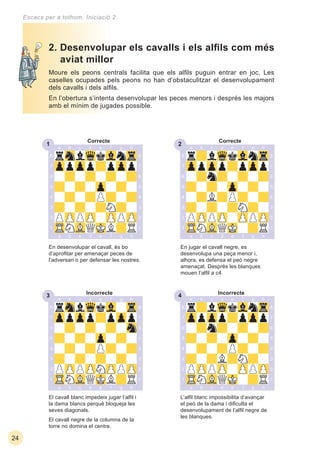 231
33 34
24
Escacs per a tothom. Iniciació 2
L’alﬁl blanc impossibilita d’avançar
el peó de la dama i diﬁculta el
desenvolupament de l’alﬁl negre de
les blanques.
El cavall blanc impedeix jugar l’alﬁl i
la dama blancs perquè bloqueja les
seves diagonals.
El cavall negre de la columna de la
torre no domina el centre.
Moure els peons centrals facilita que els alﬁls puguin entrar en joc. Les
caselles ocupades pels peons no han d’obstaculitzar el desenvolupament
dels cavalls i dels alﬁls.
En l’obertura s’intenta desenvolupar les peces menors i després les majors
amb el mínim de jugades possible.
2. Desenvolupar els cavalls i els alﬁls com més
aviat millor
En desenvolupar el cavall, és bo
d’aproﬁtar per amenaçar peces de
l’adversari o per defensar les nostres.
En jugar el cavall negre, es
desenvolupa una peça menor i,
alhora, es defensa el peó negre
amenaçat. Després les blanques
mouen l’alﬁl a c4.
Correcte Correcte
IncorrecteIncorrecte
 