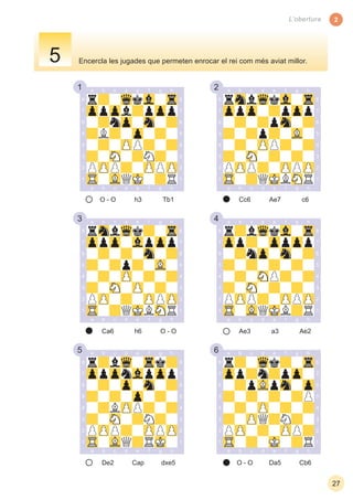1 2
3 4
5 6
2
5
27
L’obertura
Encercla les jugades que permeten enrocar el rei com més aviat millor.
O - O Tb1h3 Cc6 c6Ae7
Ca6 O - Oh6
De2 dxe5Cap O - O Cb6Da5
Ae3 Ae2a3
 