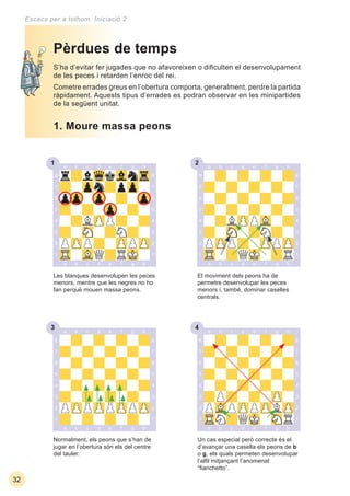231
33 34
32
Escacs per a tothom. Iniciació 2
S’ha d’evitar fer jugades que no afavoreixen o diﬁculten el desenvolupament
de les peces i retarden l’enroc del rei.
Cometre errades greus en l’obertura comporta, generalment, perdre la partida
ràpidament. Aquests tipus d’errades es podran observar en les minipartides
de la següent unitat.
Pèrdues de temps
Un cas especial però correcte és el
d’avançar una casella els peons de b
o g, els quals permeten desenvolupar
l’alﬁl mitjançant l’anomenat
“ﬁanchetto”.
Normalment, els peons que s’han de
jugar en l’obertura són els del centre
del tauler.
1. Moure massa peons
Les blanques desenvolupen les peces
menors, mentre que les negres no ho
fan perquè mouen massa peons.
El moviment dels peons ha de
permetre desenvolupar les peces
menors i, també, dominar caselles
centrals.
 