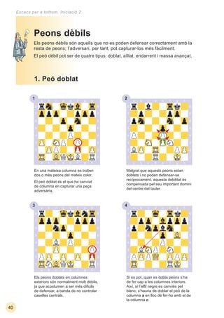 231
33 34
40
Escacs per a tothom. Iniciació 2
Els peons dèbils són aquells que no es poden defensar correctament amb la
resta de peons; l’adversari, per tant, pot capturar-los més fàcilment.
El peó dèbil pot ser de quatre tipus: doblat, aïllat, endarrerit i massa avançat.
Peons dèbils
Si es pot, quan es dobla peons s’ha
de fer cap a les columnes interiors.
Així, si l’alﬁl negre es canviés pel
blanc, s’hauria de doblar el peó de la
columna a en lloc de fer-ho amb el de
la columna c.
Els peons doblats en columnes
exteriors són normalment molt dèbils,
ja que acostumen a ser més diﬁcils
de defensar, a banda de no controlar
caselles centrals.
1. Peó doblat
En una mateixa columna es troben
dos o més peons del mateix color.
El peó doblat és el que ha canviat
de columna en capturar una peça
adversària.
Malgrat que aquests peons estan
doblats i no poden defensar-se
recíprocament, aquesta debilitat és
compensada pel seu important domini
del centre del tauler.
 