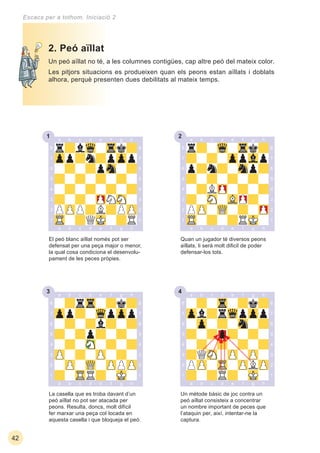 231
33 34
42
Escacs per a tothom. Iniciació 2
Un peó aïllat no té, a les columnes contigües, cap altre peó del mateix color.
Les pitjors situacions es produeixen quan els peons estan aïllats i doblats
alhora, perquè presenten dues debilitats al mateix temps.
Un mètode bàsic de joc contra un
peó aïllat consisteix a concentrar
un nombre important de peces que
l’ataquin per, així, intentar-ne la
captura.
La casella que es troba davant d’un
peó aïllat no pot ser atacada per
peons. Resulta, doncs, molt difícil
fer marxar una peça col·locada en
aquesta casella i que bloqueja el peó.
2. Peó aïllat
El peó blanc aïllat només pot ser
defensat per una peça major o menor,
la qual cosa condiciona el desenvolu-
pament de les peces pròpies.
Quan un jugador té diversos peons
aïllats, li serà molt diﬁcil de poder
defensar-los tots.
 