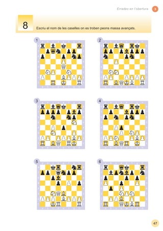1 2
3 4
5 6
3
47
Errades en l’obertura
Escriu el nom de les caselles on es troben peons massa avançats.8
 