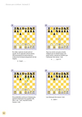 7 8
5 6
52
Escacs per a tothom. Iniciació 2
Era preferible continuar el desenvolu-
pament mitjançant les jugades Cf6,
Af5 o e6 i, així, hauríem evitat
l’escac i mat.
Les blanques fan escac i mat.
5. Cd6++
És millor capturar el peó amb el
cavall. Si es capturés amb la dama,
Cf6 amenaçaria la dama blanca i
s’afavoriria el desenvolupament de les
negres.
4. Cxe4 , ...
Aquí es comet una greu errada,
malgrat que es desenvolupi una
peça menor, perquè es facilita que
l’adversari faci escac i mat.
4. ... , Cd7 ??
 