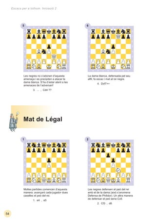1 2
5 6
54
Escacs per a tothom. Iniciació 2
Moltes partides comencen d’aquesta
manera: avançant cada jugador dues
caselles el peó del rei.
1. e4 , e5
Les negres defensen el peó del rei
amb el de la dama (això s’anomena
Defensa de Philidor). Un altra manera
de defensar el peó seria Cc6.
2. Cf3 , d6
Les negres no s’adonen d’aquesta
amenaça i es precipiten a atacar la
dama blanca. S’ha d’estar atent a les
amenaces de l’adversari!
3. ... , Cd4 ??
La dama blanca, defensada pel seu
alﬁl, fa escac i mat al rei negre.
4. Dxf7++
Mat de Légal
 