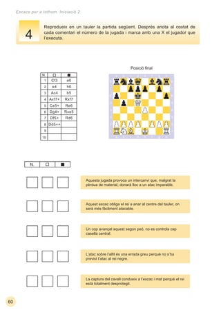 10
1
2
3
4
5
6
7
8
9
60
Escacs per a tothom. Iniciació 2
Reprodueix en un tauler la partida següent. Després anota al costat de
cada comentari el número de la jugada i marca amb una X el jugador que
l’executa.
Cf3
e4
Ac4
Axf7+
Ce5+
Dg4+
Df5+
Dd5++
Rd6
Rxe5
Re6
Rxf7
b5
h6
a6
N.
Aquesta jugada provoca un intercanvi que, malgrat la
pèrdua de material, donarà lloc a un atac imparable.
Aquest escac obliga el rei a anar al centre del tauler, on
serà més fàcilment atacable.
Un cop avançat aquest segon peó, no es controla cap
casella central.
L’atac sobre l’alﬁl és una errada greu perquè no s’ha
previst l’atac al rei negre.
La captura del cavall condueix a l’escac i mat perquè el rei
està totalment desprotegit.
Posició ﬁnal
N.
4
 