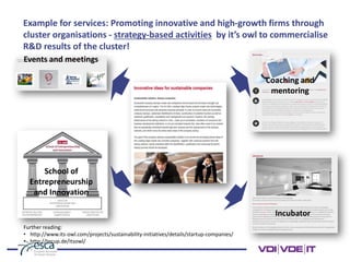 Example for services: Promoting innovative and high-growth firms through
cluster organisations - strategy-based activities by it’s owl to commercialise
R&D results of the cluster!
Further reading:
• http://www.its-owl.com/projects/sustainability-initiatives/details/startup-companies/
• http://tecup.de/itsowl/
Events and meetings
School of
Entrepreneurship
and Innovation
Coaching and
mentoring
Incubator
 