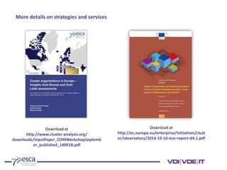 More details on strategies and services
Download at
http://ec.europa.eu/enterprise/initiatives/clust
er/observatory/2014-10-10-eco-report-d4.1.pdf
Download at
http://www.cluster-analysis.org/
downloads/InputPaper_COMWorkshopSeptemb
er_published_140918.pdf
 