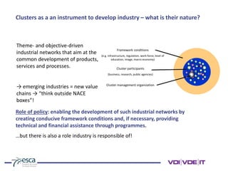 Clusters as a an instrument to develop industry – what is their nature?
Theme- and objective-driven
industrial networks that aim at the
common development of products,
services and processes.
→ emerging industries = new value
chains → “think outside NACE
boxes”!
Framework conditions
(e.g. infrastructure, regulation, work force, level of
education, image, macro economy)
Cluster participants
(business, research, public agencies)
Cluster management organization
Role of policy: enabling the development of such industrial networks by
creating conducive framework conditions and, if necessary, providing
technical and financial assistance through programmes.
…but there is also a role industry is responsible of!
 