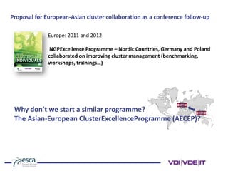 Proposal for European-Asian cluster collaboration as a conference follow-up
Europe: 2011 and 2012
NGPExcellence Programme – Nordic Countries, Germany and Poland
collaborated on improving cluster management (benchmarking,
workshops, trainings…)
Why don’t we start a similar programme?
The Asian-European ClusterExcellenceProgramme (AECEP)?
 