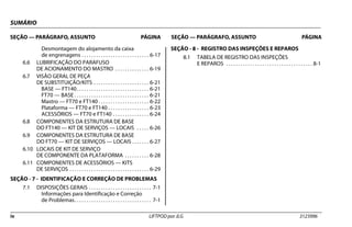 SUMÁRIO
SEÇÃO — PARÁGRAFO, ASSUNTO PÁGINA SEÇÃO — PARÁGRAFO, ASSUNTO PÁGINA
iv LIFTPOD por JLG 3123996
Desmontagem do alojamento da caixa
de engrenagens . . . . . . . . . . . . . . . . . . . . . . . . . . . . 6-17
6.6 LUBRIFICAÇÃO DO PARAFUSO
DE ACIONAMENTO DO MASTRO . . . . . . . . . . . . . . 6-19
6.7 VISÃO GERAL DE PEÇA
DE SUBSTITUIÇÃO/KITS . . . . . . . . . . . . . . . . . . . . . . . 6-21
BASE — FT140. . . . . . . . . . . . . . . . . . . . . . . . . . . . . . 6-21
FT70 — BASE . . . . . . . . . . . . . . . . . . . . . . . . . . . . . . . 6-21
Mastro — FT70 e FT140 . . . . . . . . . . . . . . . . . . . . . 6-22
Plataforma — FT70 e FT140 . . . . . . . . . . . . . . . . . 6-23
ACESSÓRIOS — FT70 e FT140 . . . . . . . . . . . . . . . 6-24
6.8 COMPONENTES DA ESTRUTURA DE BASE
DO FT140 — KIT DE SERVIÇOS — LOCAIS . . . . . 6-26
6.9 COMPONENTES DA ESTRUTURA DE BASE
DO FT70 — KIT DE SERVIÇOS — LOCAIS . . . . . . . 6-27
6.10 LOCAIS DE KIT DE SERVIÇO
DE COMPONENTE DA PLATAFORMA . . . . . . . . . . 6-28
6.11 COMPONENTES DE ACESSÓRIOS — KITS
DE SERVIÇOS . . . . . . . . . . . . . . . . . . . . . . . . . . . . . . . . . 6-29
SEÇÃO - 7 - IDENTIFICAÇÃO E CORREÇÃO DE PROBLEMAS
7.1 DISPOSIÇÕES GERAIS . . . . . . . . . . . . . . . . . . . . . . . . . . 7-1
Informações para Identificação e Correção
de Problemas. . . . . . . . . . . . . . . . . . . . . . . . . . . . . . . . 7-1
SEÇÃO - 8 - REGISTRO DAS INSPEÇÕES E REPAROS
8.1 TABELA DE REGISTRO DAS INSPEÇÕES
E REPAROS . . . . . . . . . . . . . . . . . . . . . . . . . . . . . . . . . . . . 8-1
 