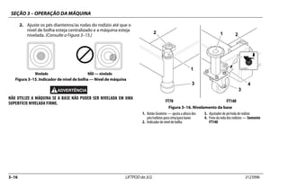 SEÇÃO 3 – OPERAÇÃO DA MÁQUINA
3–16 LIFTPOD da JLG 3123996
2. Ajuste os pés dianteiros/as rodas do rodízio até que o
nível de bolha esteja centralizado e a máquina esteja
nivelada. (Consulte a Figura 3–15.)
NÃO UTILIZE A MÁQUINA SE A BASE NÃO PUDER SER NIVELADA EM UMA
SUPERFÍCIE NIVELADA FIRME.
Nivelado NÃO — nivelado
Figura 3–15. Indicador de nível de bolha — Nível de máquina
FT70 FT140
Figura 3–16. Nivelamento da base
1. Botão Giratório — ajusta a altura dos
pés/rodízios para cima/para baixo
2. Indicador de nível de bolha
3. Ajustador de pé/roda de rodízio
4. Freio da rodadosrodízios— Somente
FT140
1
2
3
3
1 2
4
1001199907 A
1001199907 A
 