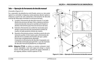 SEÇÃO 4 – PROCEDIMENTOS DE EMERGÊNCIA
3123996 LIFTPOD da JLG 4–3
Solo — Operação da ferramenta de descida manual
(Consulte a Figura 4–2.)
Se o operador da plataforma está fixado, preso ou não pode
operar ou controlar a máquina, outras pessoas devem operar a
máquina a partir do solo utilizando a ferramenta de descida
manual de telescópio montada na estrutura de base.
1. Localize a ferramenta de descida manual (1) no lado
direito da estrutura de base. Gire a alavanca da ferra-
menta de descida manual no sentido anti-horário e
deslize a ferramenta para fora da estrutura de base.
2. Estenda a ferramenta (2) conforme necessário para
atingir a porta do eixo de acionamento auxiliar do
mastro no lado posterior direito do mastro.
3. Quando a ferramenta estiver inserida na porta de acio-
namento auxiliar (3) do mastro, gire a ferramenta de
descida (4) no sentido anti-horário até que a plata-
forma seja completamente abaixada.
A alavanca na ferramenta de descida é equipada com
uma fenda sextavada para permitir o uso da manivela
de descida manual da plataforma, se disponível.
NOTA: Máquina FT140, se ambos os mastros estiverem total-
mente estendidos, você será capaz de atingir o mastro
menor (FT140) primeiro, quando ele estiver abaixado. e,
em seguida, abaixe o mastro superior (FT70).
Figura 4–2. Solo — Operação da ferramenta de descida manual
2
4
3
FT140
 