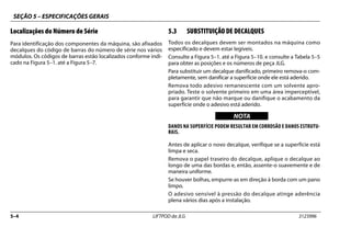 SEÇÃO 5 – ESPECIFICAÇÕES GERAIS
5–4 LIFTPOD da JLG 3123996
Localizações do Número de Série
Para identificação dos componentes da máquina, são afixados
decalques do código de barras do número de série nos vários
módulos. Os códigos de barras estão localizados conforme indi-
cado na Figura 5–1. até a Figura 5–7.
5.3 SUBSTITUIÇÃO DE DECALQUES
Todos os decalques devem ser montados na máquina como
especificado e devem estar legíveis.
Consulte a Figura 5–1. até a Figura 5–10. e consulte a Tabela 5–5
para obter as posições e os números de peça JLG.
Para substituir um decalque danificado, primeiro remova-o com-
pletamente, sem danificar a superfície onde ele está aderido.
Remova todo adesivo remanescente com um solvente apro-
priado. Teste o solvente primeiro em uma área imperceptível,
para garantir que não marque ou danifique o acabamento da
superfície onde o adesivo está aderido.
NOTICE
WICHTIG
NOTA
DANOS NA SUPERFÍCIE PODEM RESULTAR EM CORROSÃO E DANOS ESTRUTU-
RAIS.
Antes de aplicar o novo decalque, verifique se a superfície está
limpa e seca.
Remova o papel traseiro do decalque, aplique o decalque ao
longo de uma das bordas e, então, assente-o suavemente e de
maneira uniforme.
Se houver bolhas, empurre-as em direção à borda com um pano
limpo.
O adesivo sensível à pressão do decalque atinge aderência
plena vários dias após a instalação.
 