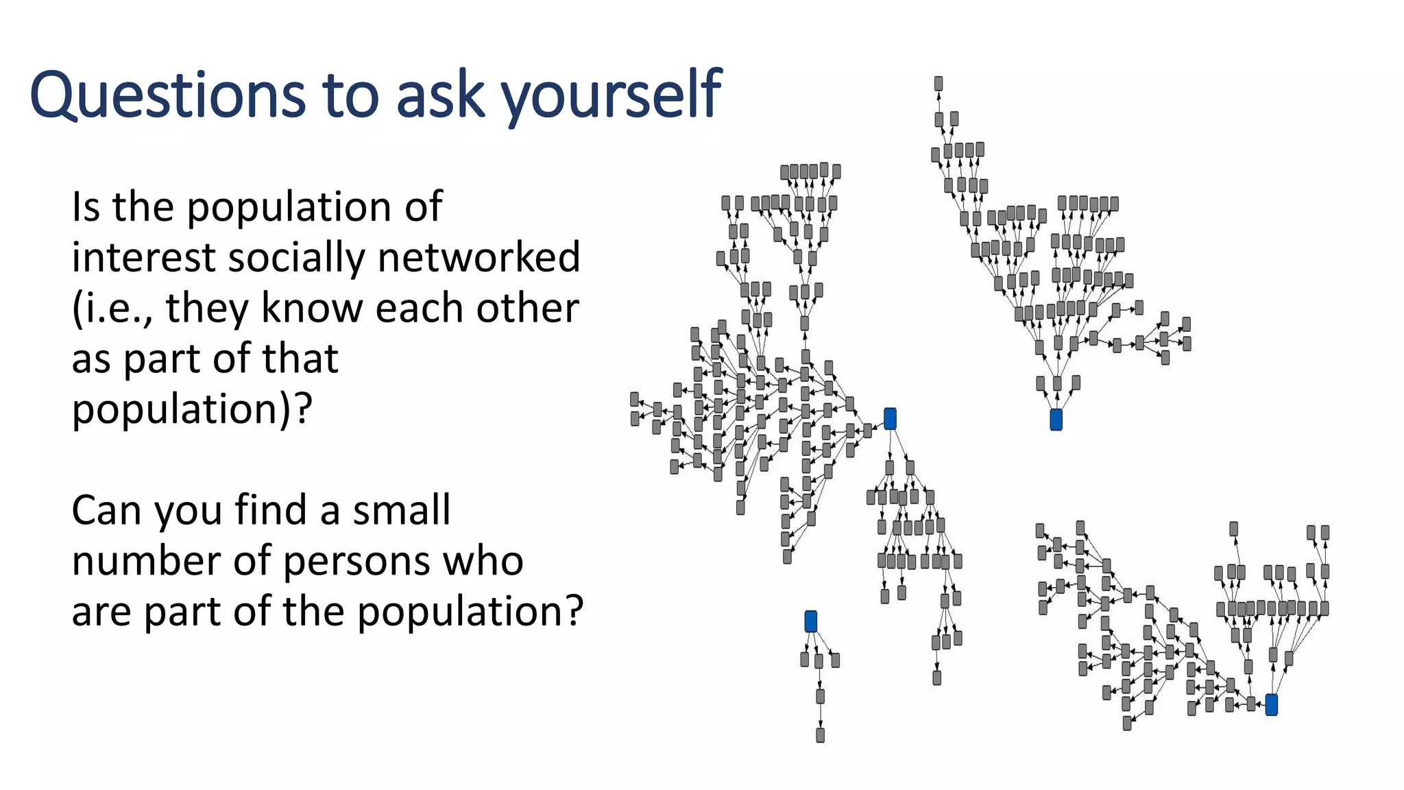 Is the population of
interest socially networked
(i.e., they know each other
as part of that
population)?
Can you find a small
number of persons who
are part of the population?
Questions to ask yourself
 