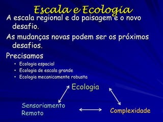 Escala e Ecologia

A escala regional e do paisagem é o novo
desafio.
As mudanças novas podem ser os próximos
desafios.
Precisamos
• Ecologia espacial
• Ecologia de escala grande
• Ecologia mecanicamente robusta

Ecologia
Sensoriamento
Remoto

Complexidade

 