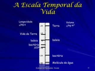 A Escala Temporal da
Vida
Longevidade
10log a

Terra

Volume
3
10log m

Vida da Terra

baleia

baleia

bactéria
ATP

bactéria
Molécula de água
Ecologia de Populações - Escala

11

 
