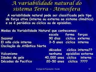 A variabilidade natural do
sistema Terra - Atmosfera
•

A variabilidade natural pode ser classificada pelo tipo
de força ativa (interna ou externa ao sistema climático)
e se é periódico ou cíclico ou de episódios.

Modas da Variabilidade Natural que conhecemos:
escala
forma forças
Sazonal
90 dias
cíclica externa
El niño ciclo interno
3-5 anos cíclica interna
Oscilação do Atlântico Norte
décadas
cíclica interna??
Vulcanismo
nenhuma episódios externa
Idades de gelo
40,000 anos cíclica interna
Décadas do Pacifico
20-50 anos cíclica ????
Ecologia de Populações - Escala

12

 