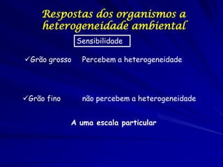 Respostas dos organismos a
heterogeneidade ambiental
Sensibilidade
Grão grosso

Percebem a heterogeneidade

Grão fino

não percebem a heterogeneidade
A uma escala particular

 