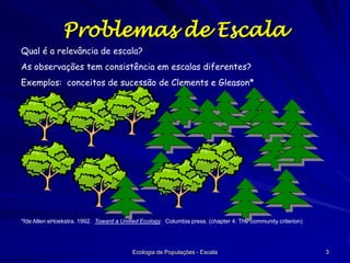 Problemas de Escala
Qual é a relevância de escala?
As observações tem consistência em escalas diferentes?

Exemplos: conceitos de sucessão de Clements e Gleason*

*fde Allen eHoekstra. 1992. Toward a Unified Ecology. Columbia press. (chapter 4: The community criterion)

Ecologia de Populações - Escala

3

 
