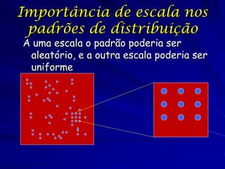 Importância de escala nos
padrões de distribuição
A uma escala o padrão poderia ser
aleatório, e a outra escala poderia ser
uniforme

 