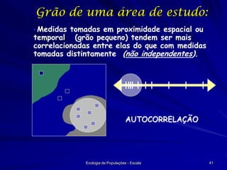 Grão de uma área de estudo:
• Medidas

tomadas em proximidade espacial ou
temporal (grão pequeno) tendem ser mais
correlacionadas entre elas do que com medidas
tomadas distintamente (não independentes).

AUTOCORRELAÇÃO

Ecologia de Populações - Escala

41

 