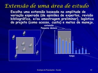 Extensão de uma área de estudo
Escolha uma extensão baseada na amplitude de
variação esperada (de opiniões de expertos, revisão
bibliográfica, e/ou amostragem preliminar), logística
do projeto (como acesso, custo) e metas de manejo.
extensão
Pequena demais

tempo

Ecologia de Populações - Escala

42

 