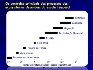 Os controles principais dos processos dos
ecossistemas dependem da escala temporal
Extinção
Glaciação
Migração
Perturbação florestal
El Niño
Ciclo anual
Frente de Tempo
Ciclo diurno
Fechamento de estomas
Tempo de retorno (anos) (escala logarítmica)
Ecologia de Populações - Escala

64

 