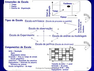 Dimensões de Escala

Fenômeno

Espaço

(Escala de processo ou padrão)

Escala de observação)
Escala de Experimento

Componentes de Escala

fenômeno

Tipos de Escala Escala extrínseca

Tempo

Escala Observada
ou Inferida do

Nível de
Organização

Tempo
Espaço
Eventos de Organização

Escala de análise ou modelagem
Escala de política (Escala de diretrizes)

Grão = Resolução
Apoio
Mapeamento mínimo
Extensão = Área ou tempo de estudo
Escala geográfica
Cobertura = Densidade das amostras
Espaçamento = Intervalo da amostra
Tamanho de Grão = 1 pixel
Distancia de retorno
Extensão = 36 pixels
Escala cartográfica – da mapa
Cobertura
Ecologia de Populações - Escala 9/36 = 25%
Espaçamento: variável

74

Wu & Li 2005

 